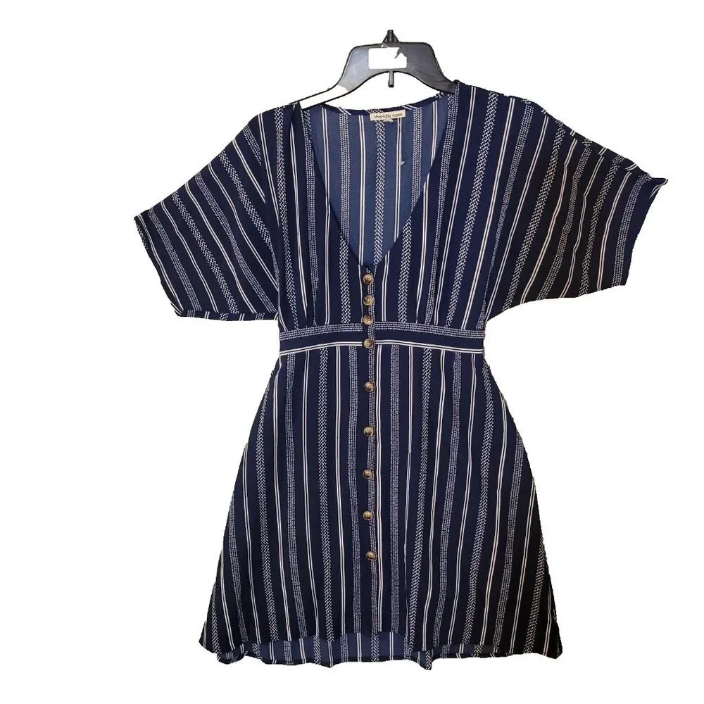 NWT Charlotte Russe V Neck Button Up Back Tie Striped Mini Dress Blue Size Small - Picture 3 of 12